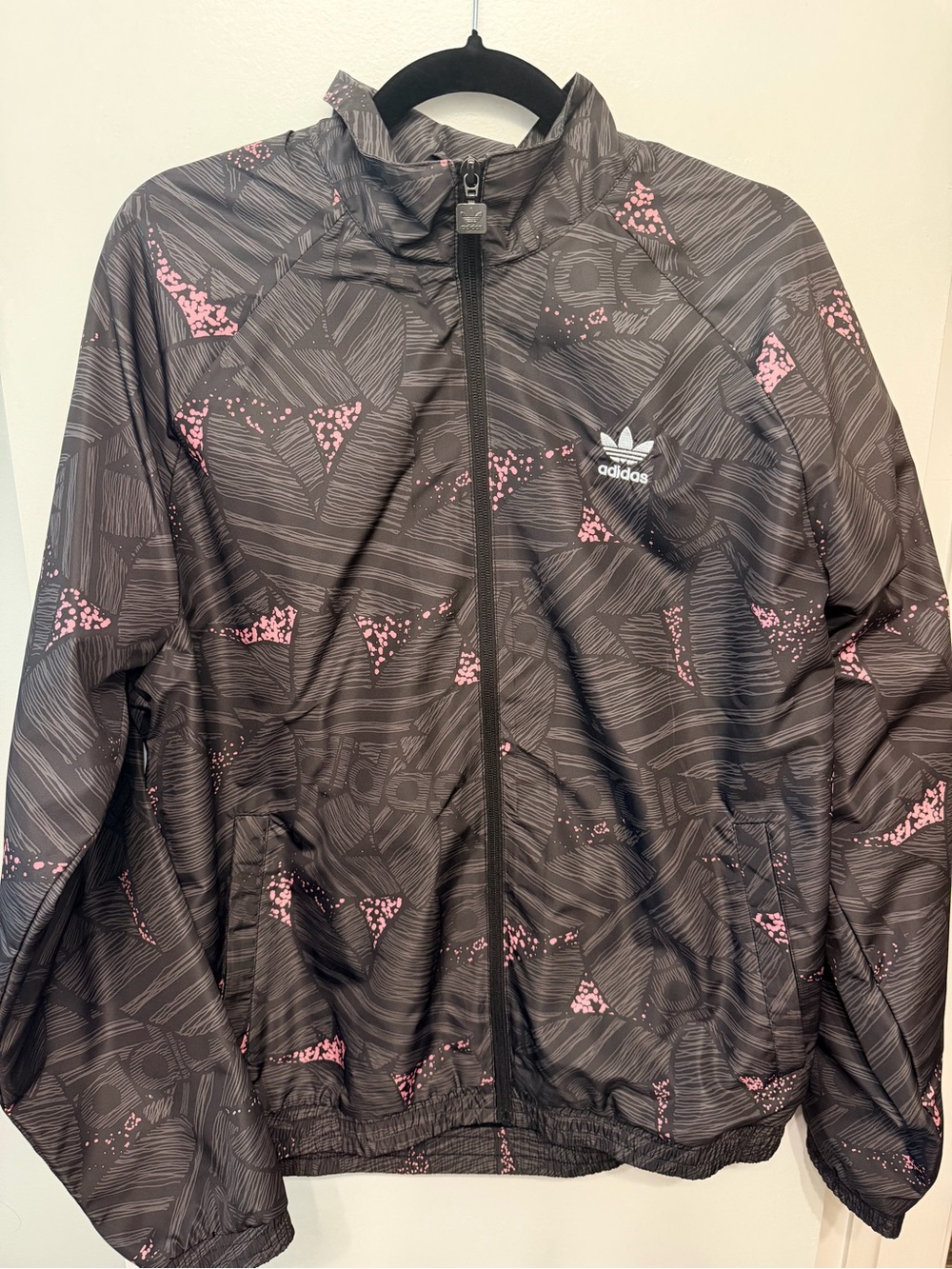 adidas Women's Black Jacket with Pink Accents – Printed Bomber Windbreaker
